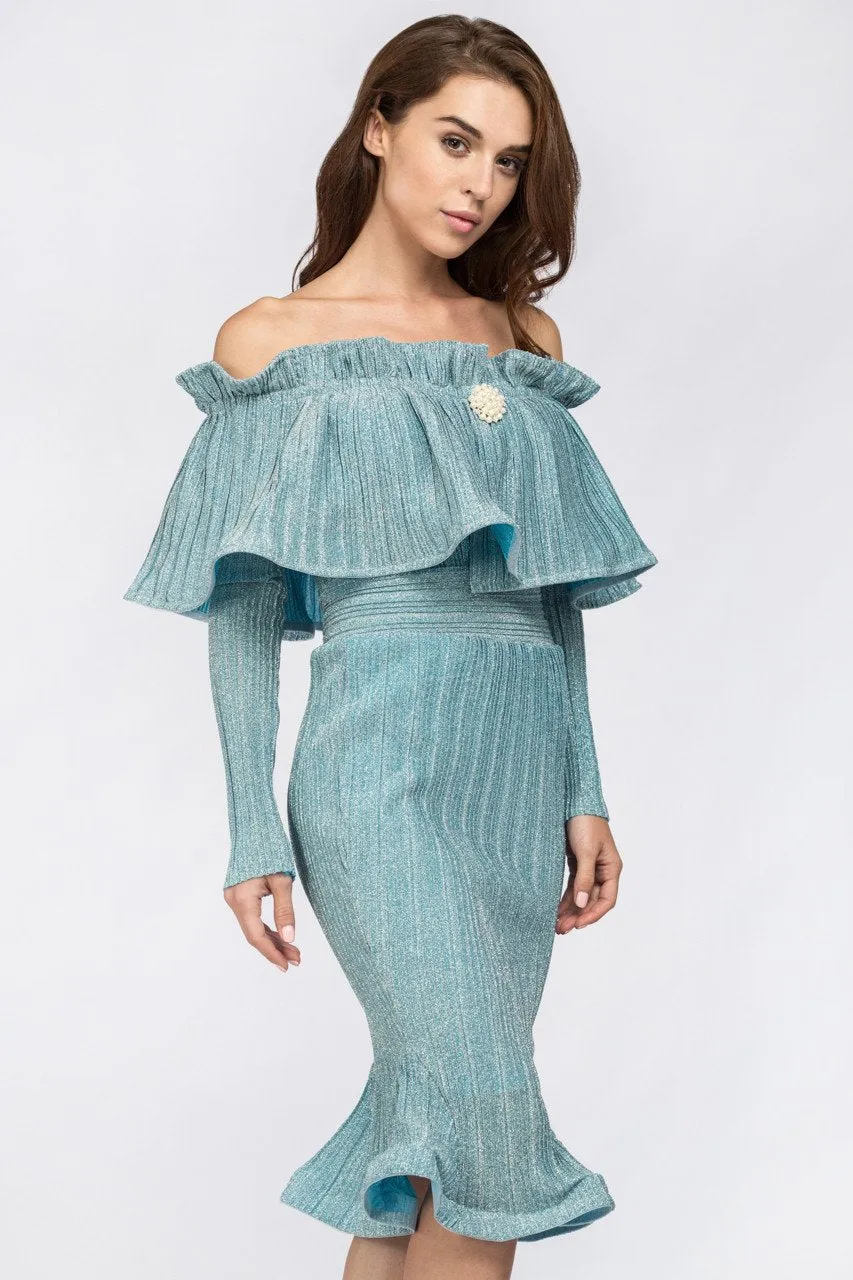 Fatima Almomen - Blue Frost Pleated Off The Shoulder Midi Dress