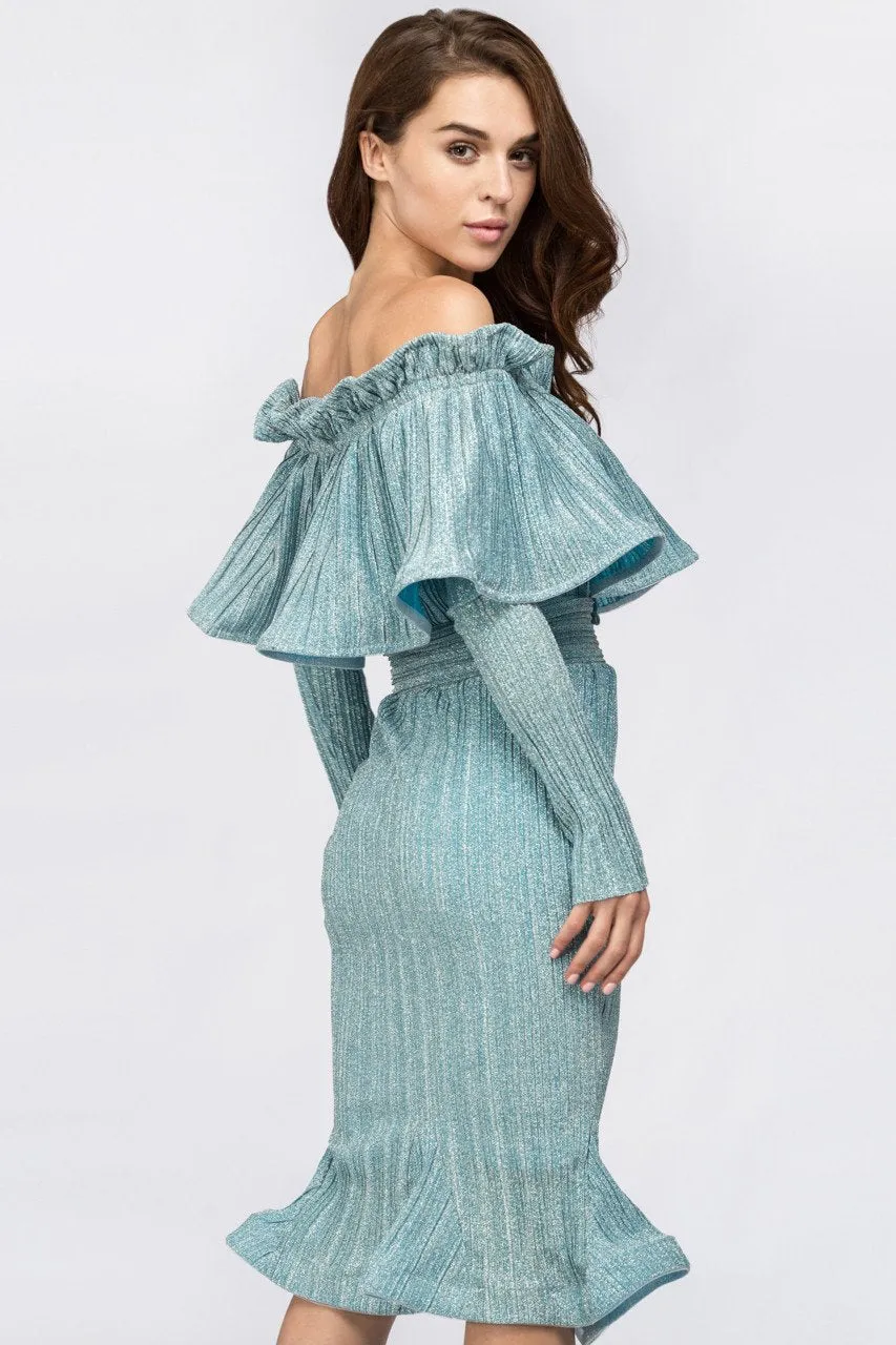 Fatima Almomen - Blue Frost Pleated Off The Shoulder Midi Dress