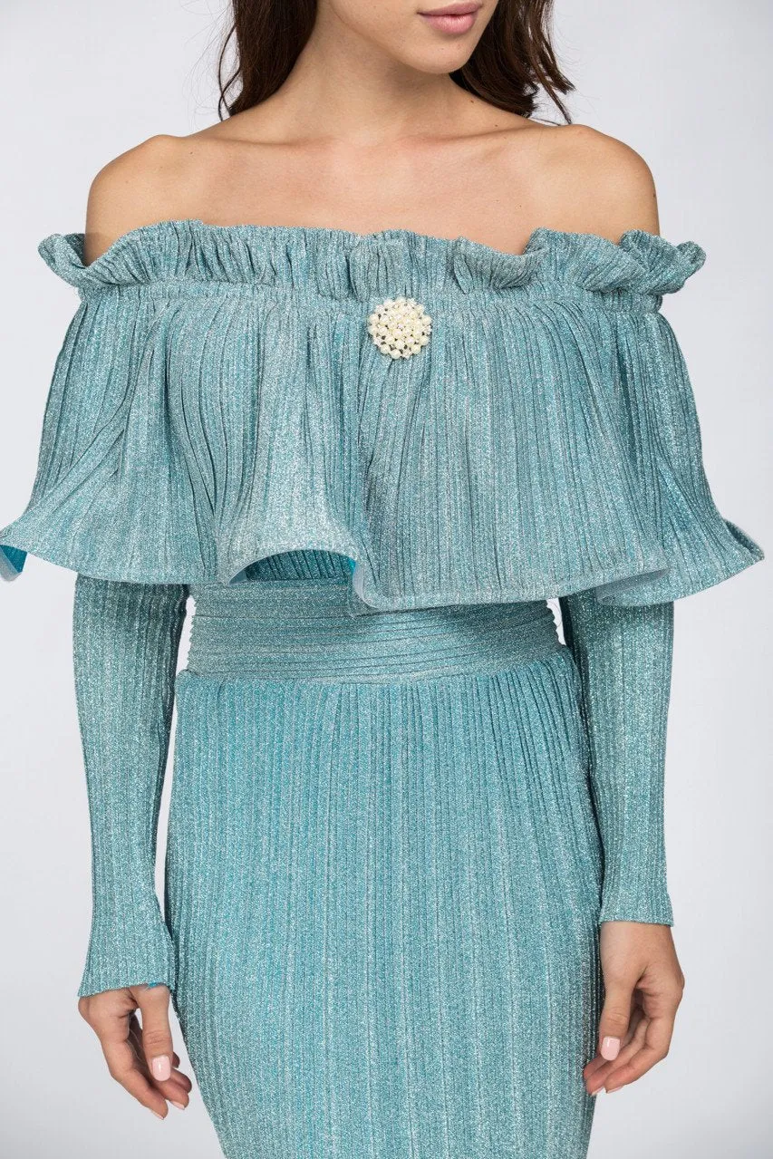 Fatima Almomen - Blue Frost Pleated Off The Shoulder Midi Dress