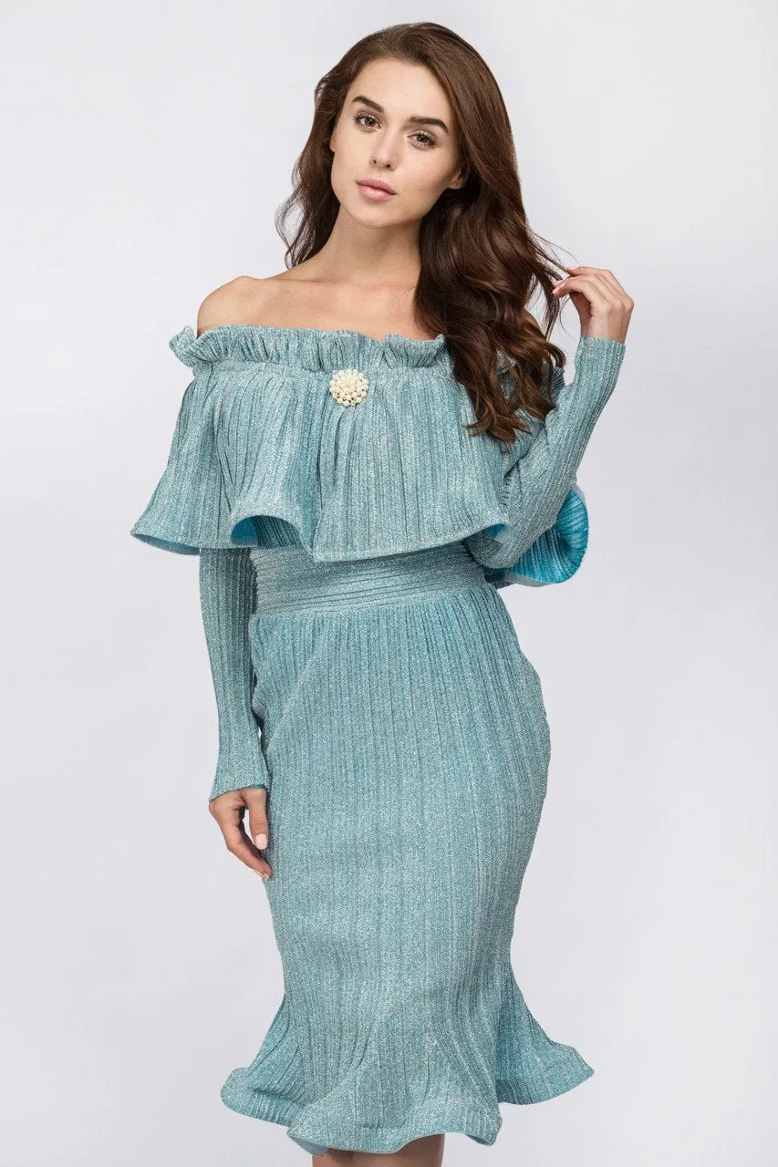 Fatima Almomen - Blue Frost Pleated Off The Shoulder Midi Dress