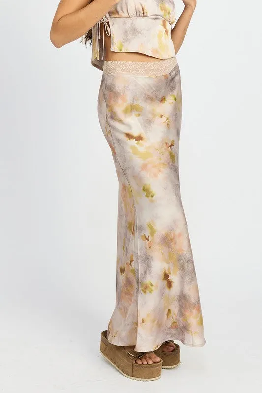 FLORAL PRINTED SATIN MAXI SKIRT