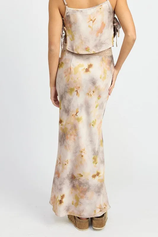 FLORAL PRINTED SATIN MAXI SKIRT