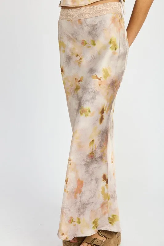 FLORAL PRINTED SATIN MAXI SKIRT