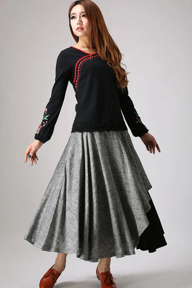 Gray linen skirt woman maxi skirt custom made layered long skirt 0868#