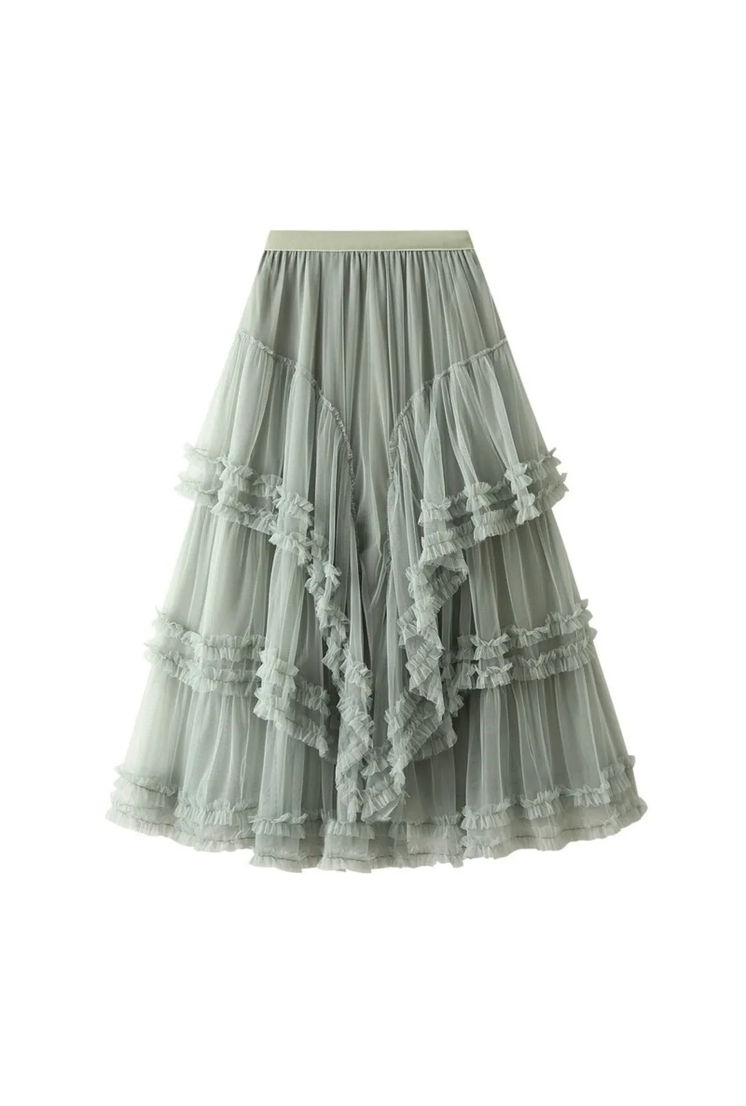 Green Tulle Layered Ruffle Skirt