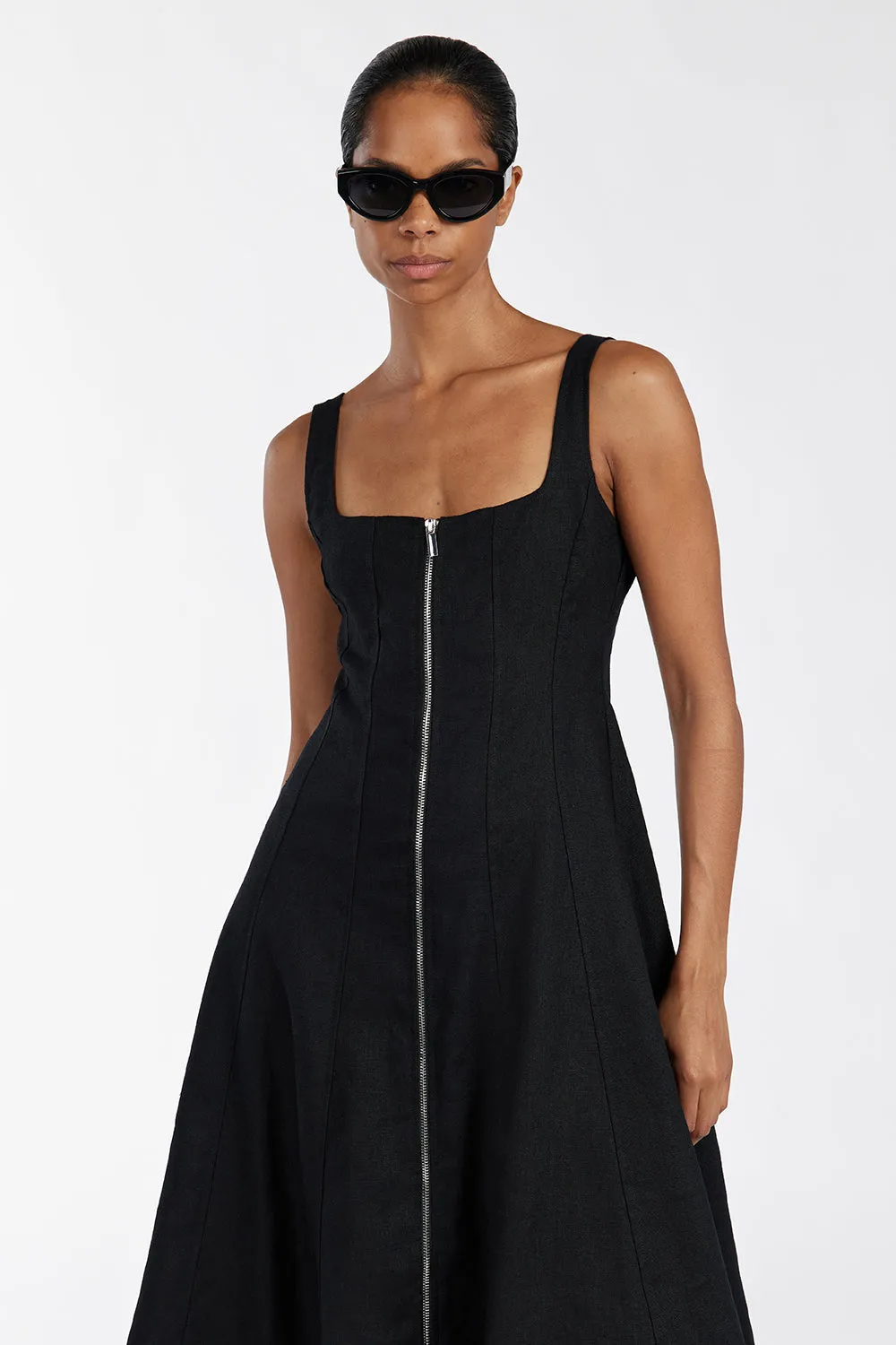 HARRIET BLACK LINEN MIDI DRESS