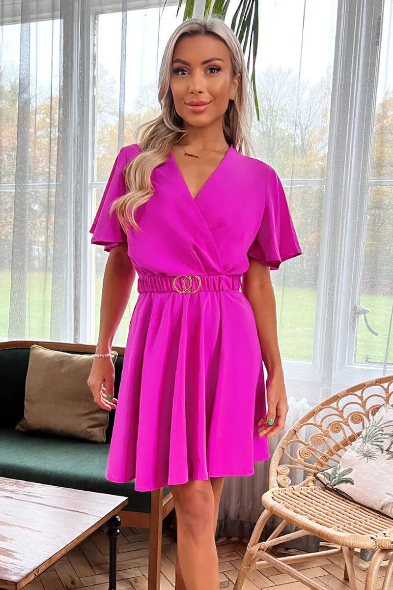 Hot Pink Wrap Over Belted Skater Dress With Short Sleeves