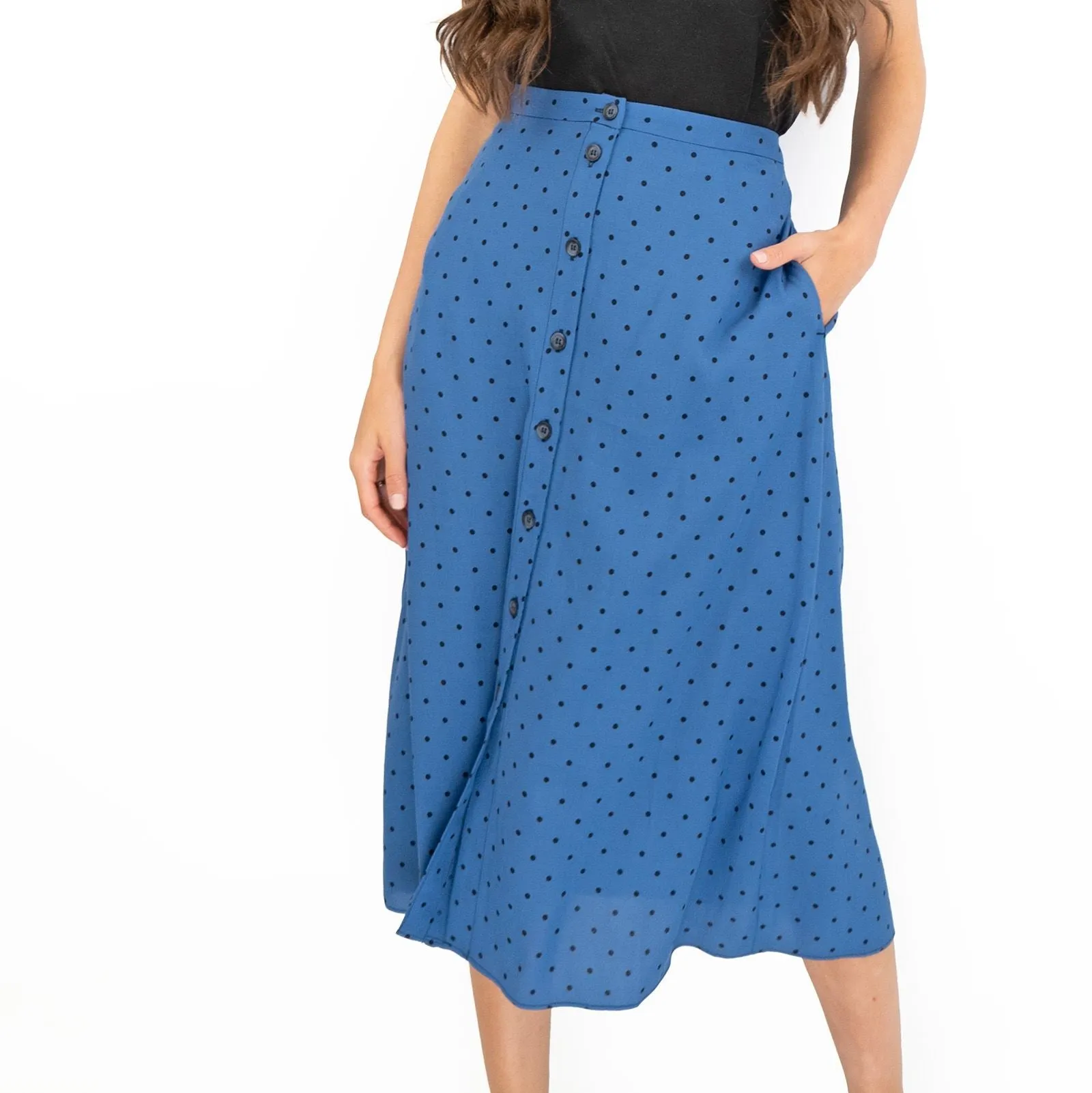 Joules Tallulah Blue Midi Skirt Black Polka Dots with Side Pockets