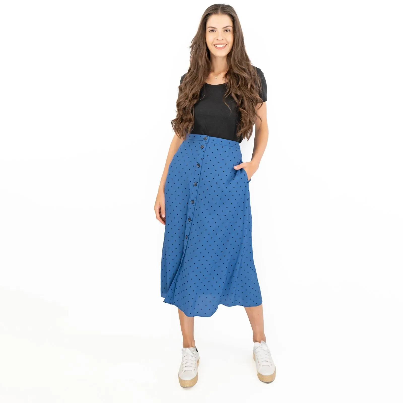 Joules Tallulah Blue Midi Skirt Black Polka Dots with Side Pockets