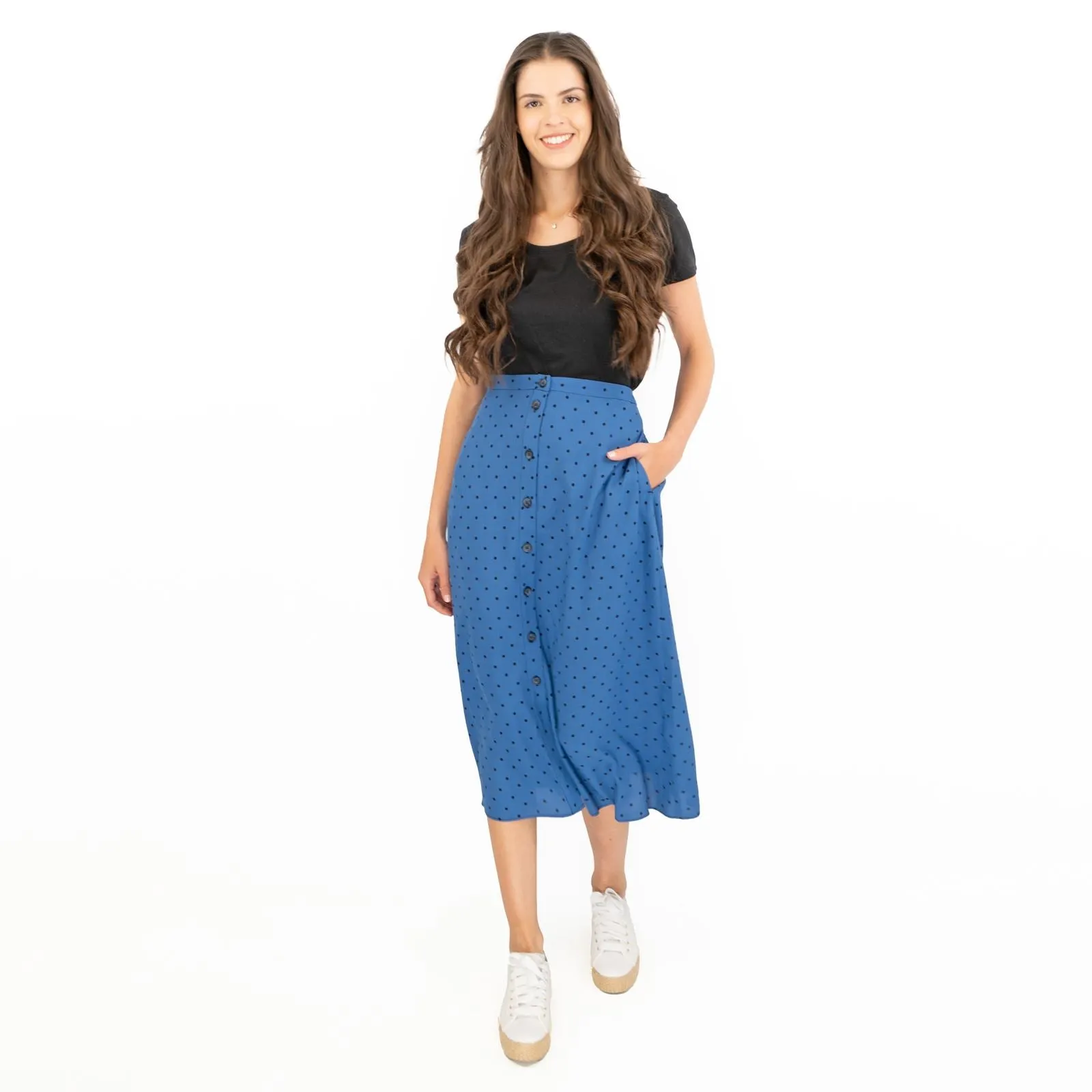 Joules Tallulah Blue Midi Skirt Black Polka Dots with Side Pockets