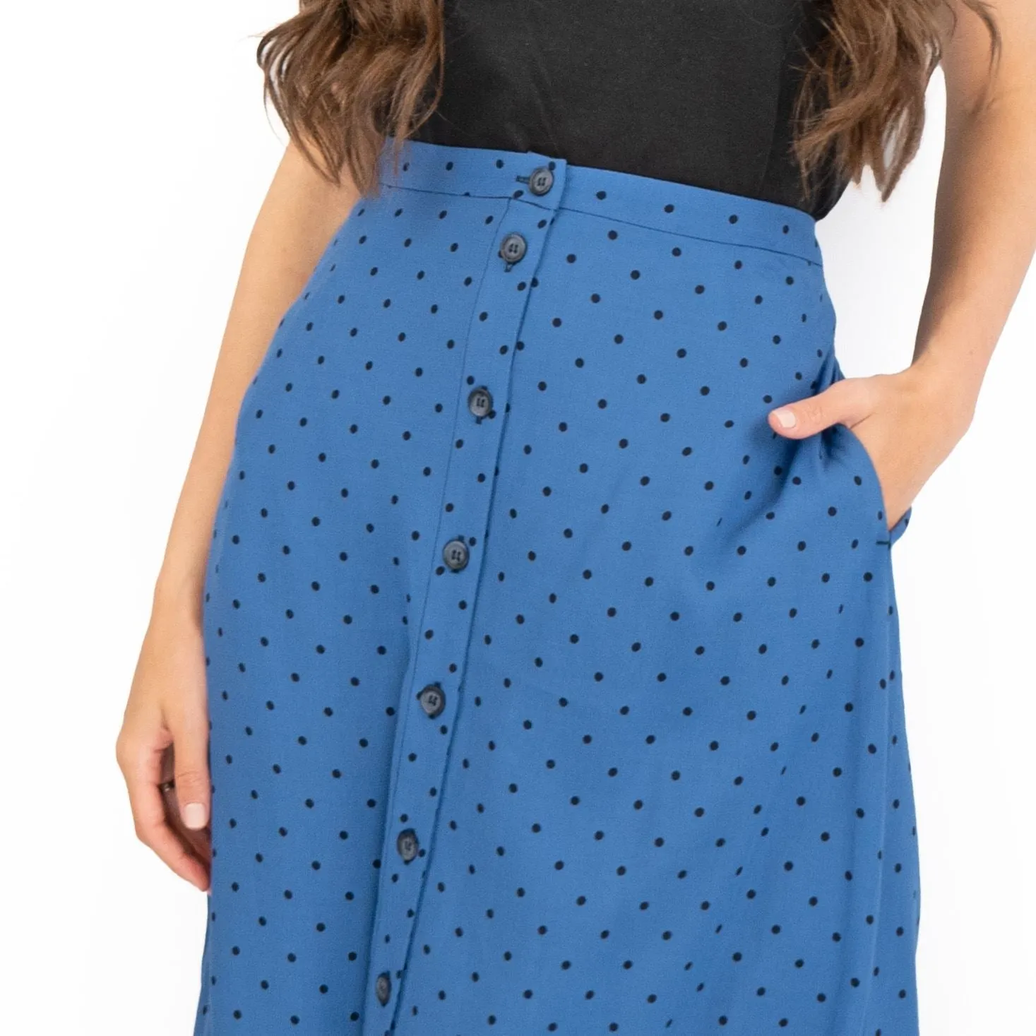 Joules Tallulah Blue Midi Skirt Black Polka Dots with Side Pockets