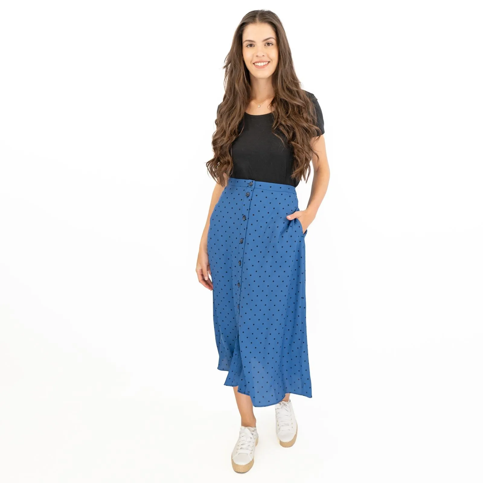 Joules Tallulah Blue Midi Skirt Black Polka Dots with Side Pockets