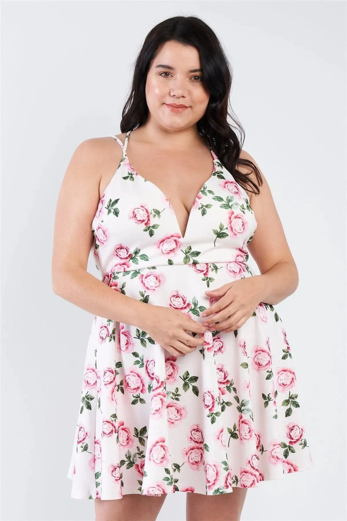 Junior Plus Size Off White V-Neck Floral Criss Cross Open Back Mini Dress /2-2-2