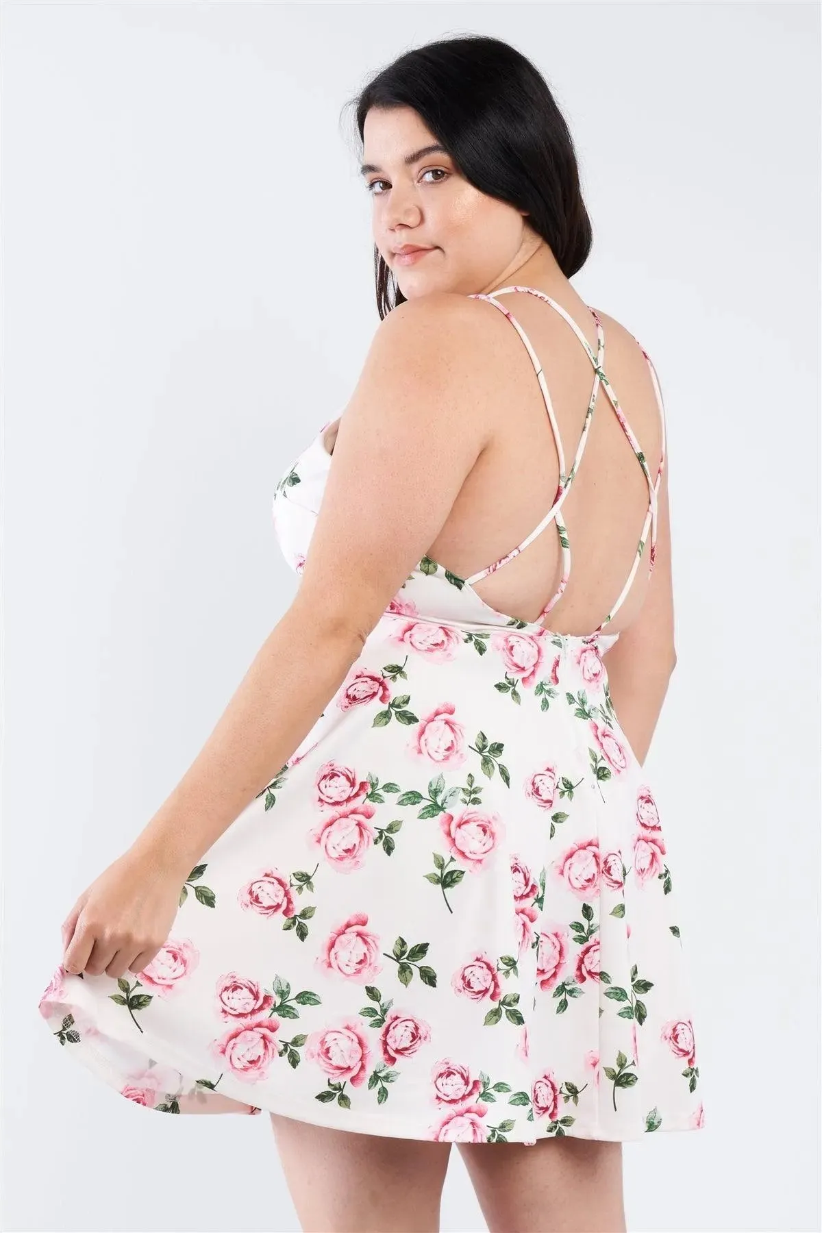 Junior Plus Size Off White V-Neck Floral Criss Cross Open Back Mini Dress /2-2-2