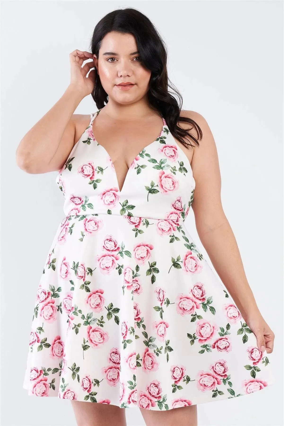 Junior Plus Size Off White V-Neck Floral Criss Cross Open Back Mini Dress /2-2-2