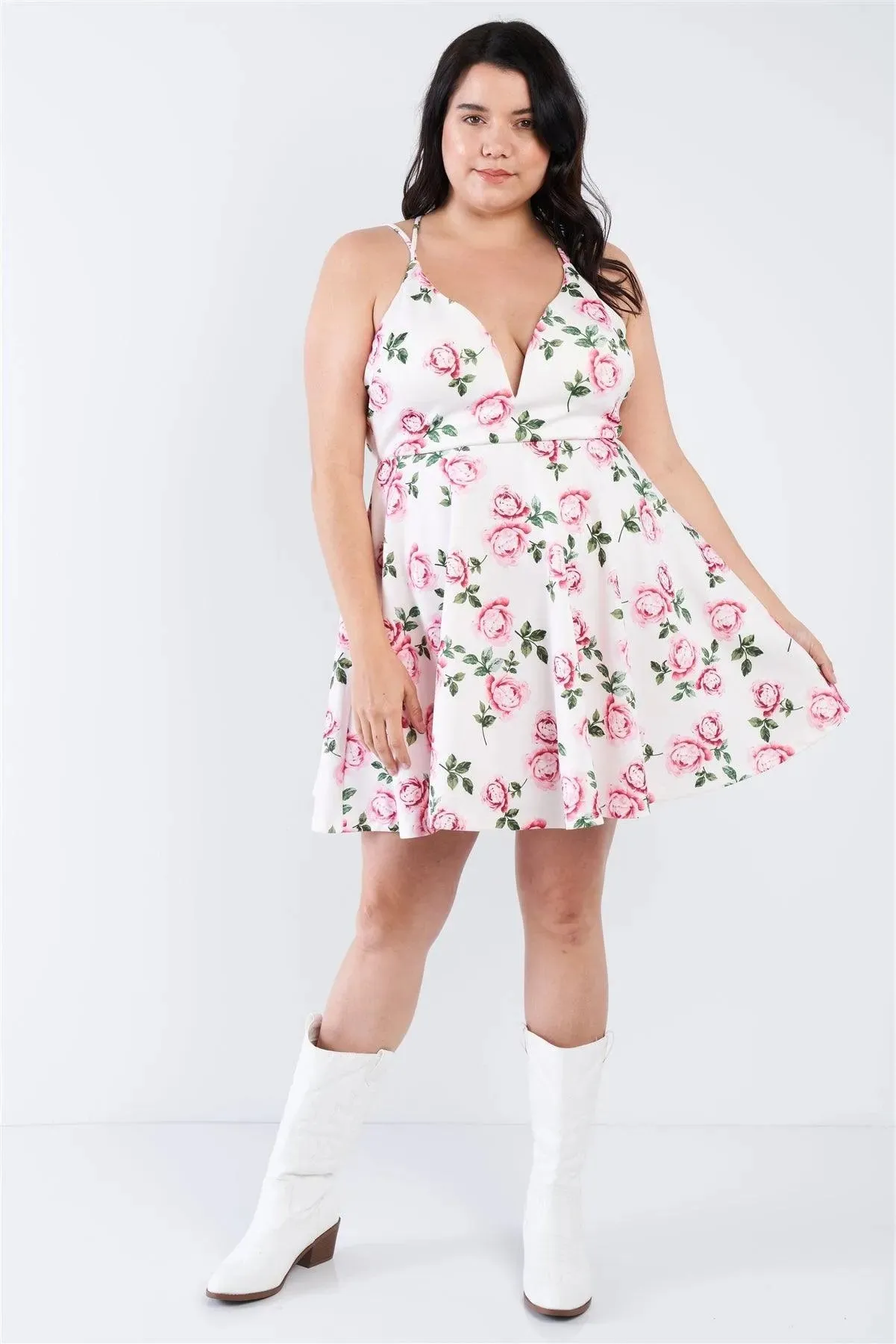 Junior Plus Size Off White V-Neck Floral Criss Cross Open Back Mini Dress /2-2-2