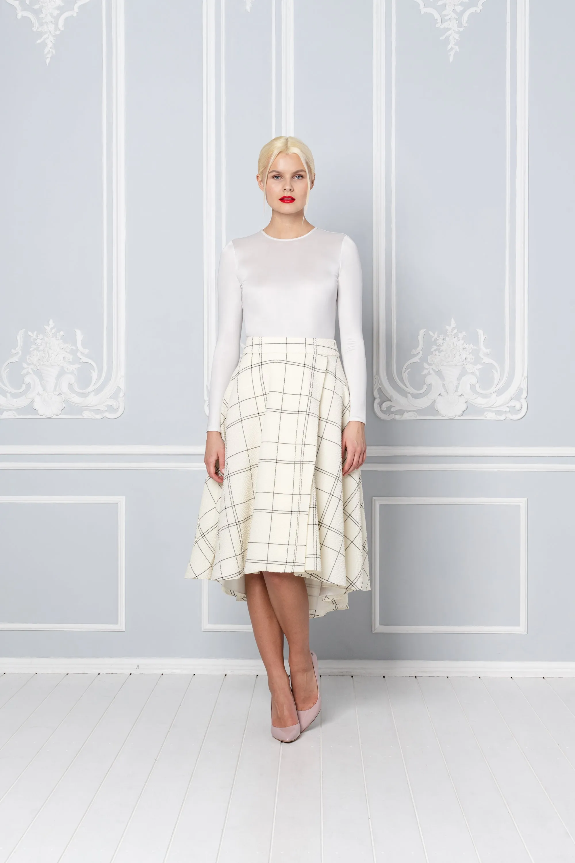 LATANIA IVORY PLAID WOOL SEERSUCKER HIGH-LOW SKIRT