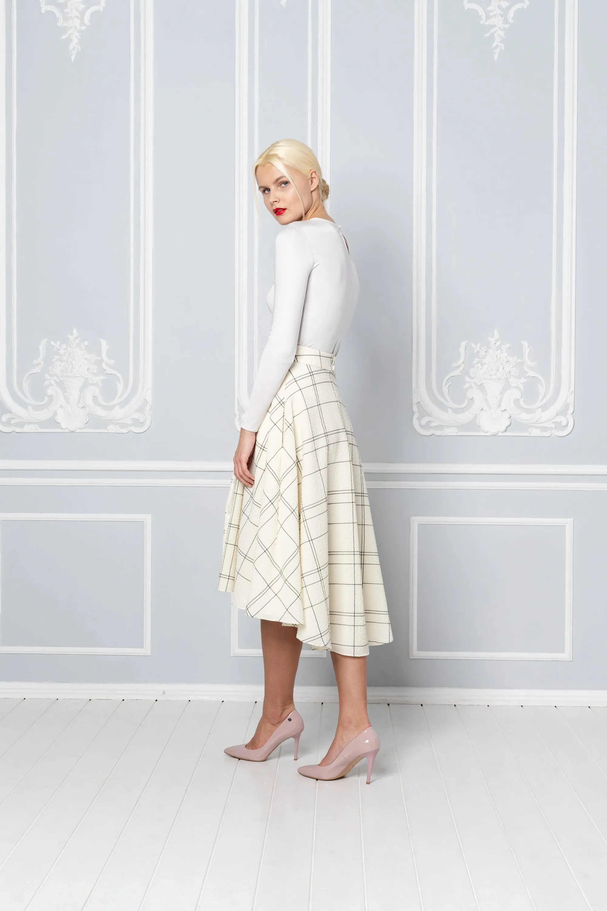 LATANIA IVORY PLAID WOOL SEERSUCKER HIGH-LOW SKIRT