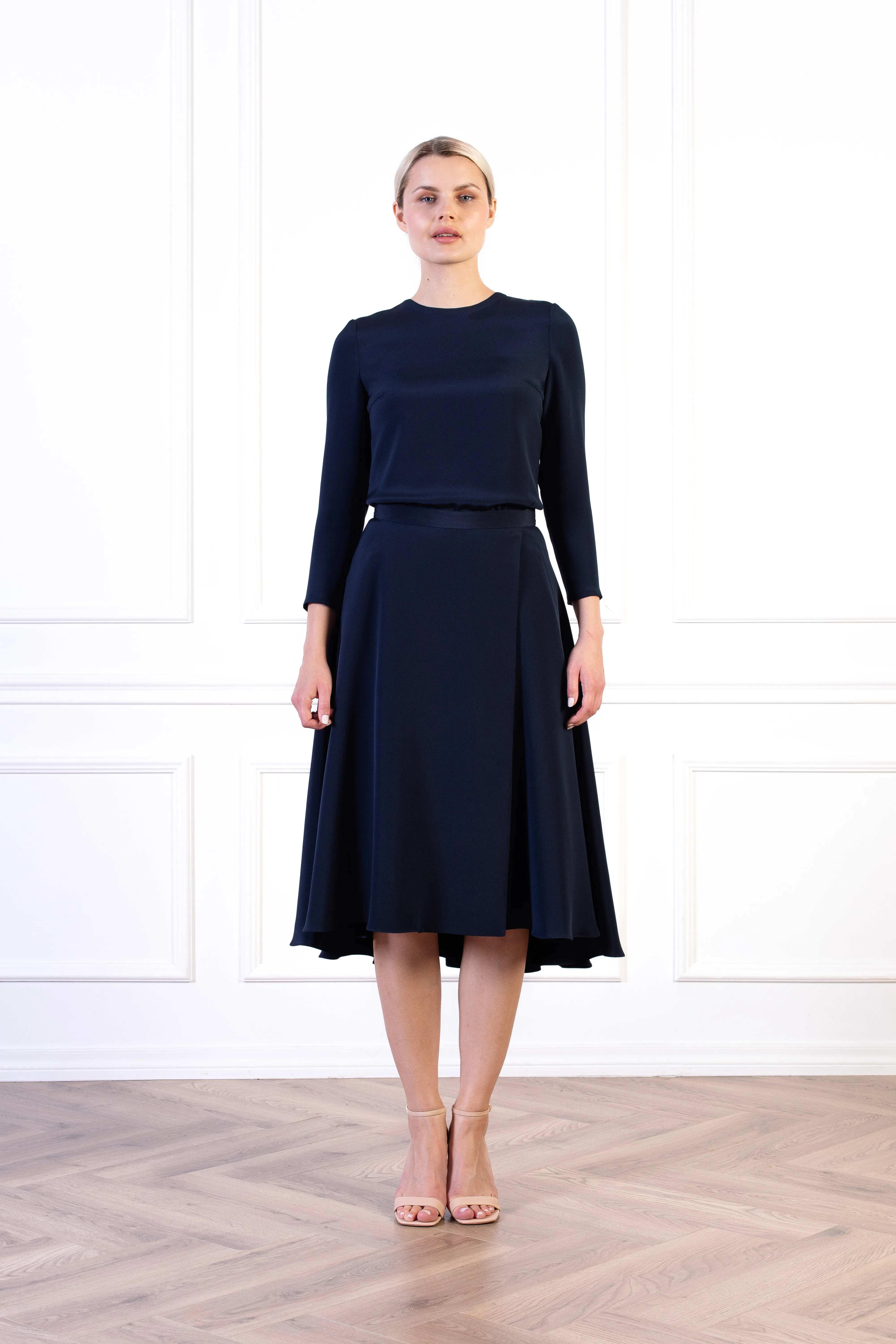 LATANIA NAVY BLUE SILK A-LINE HIGH-LOW HEM SKIRT