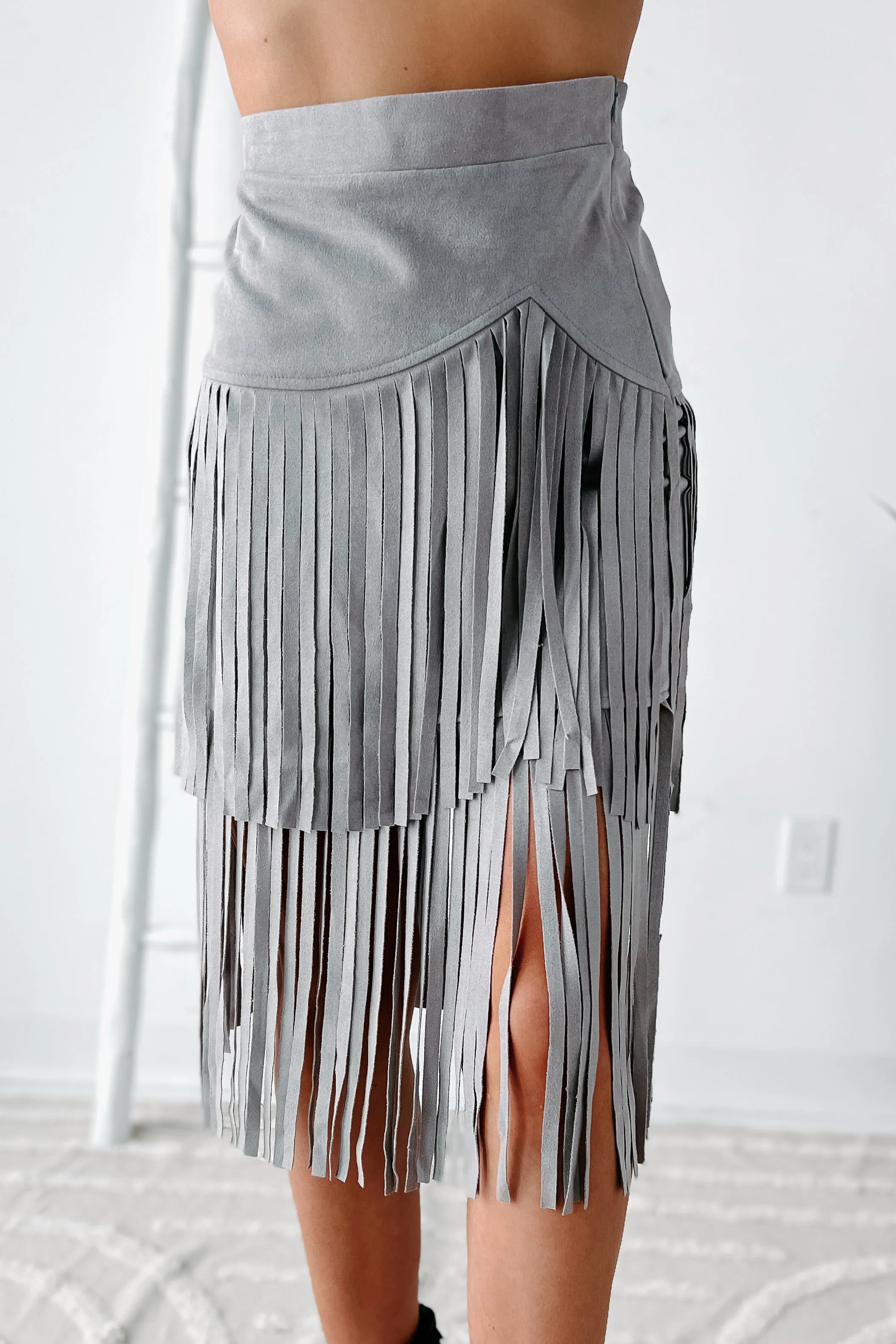 Living So Free Faux Suede Fringe Skirt (Grey)