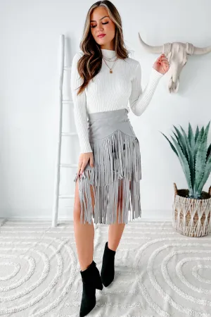 Living So Free Faux Suede Fringe Skirt (Grey)