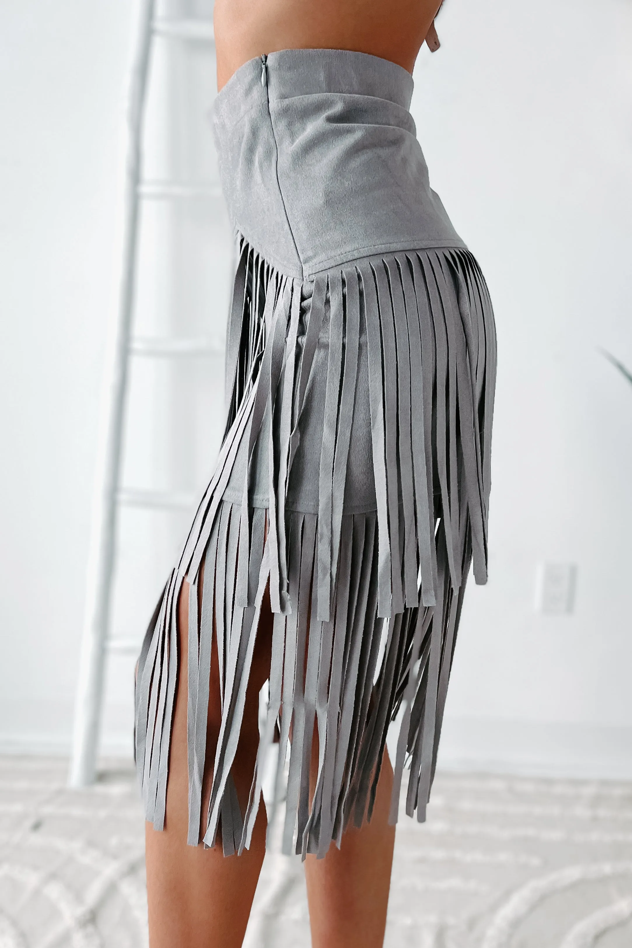 Living So Free Faux Suede Fringe Skirt (Grey)