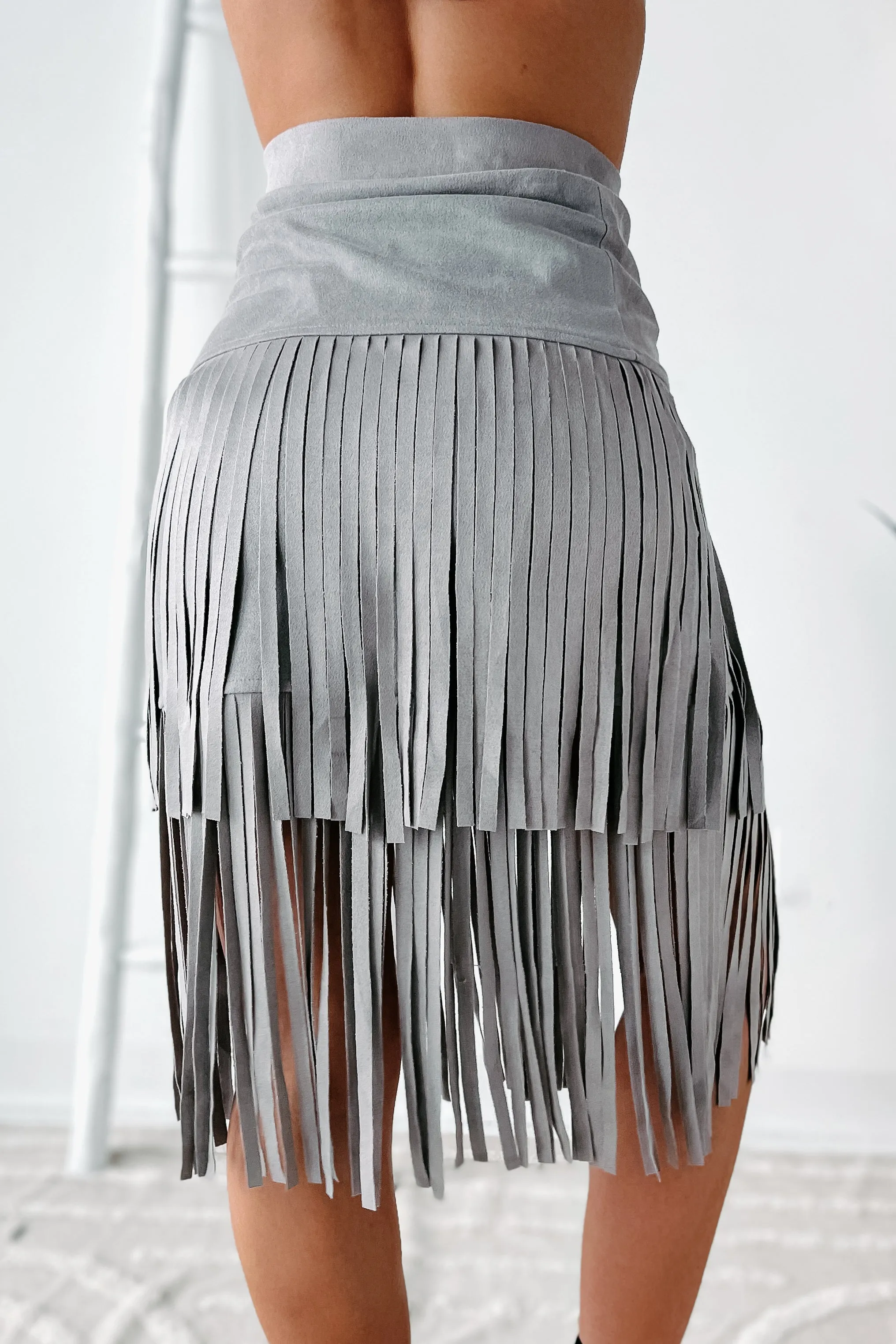 Living So Free Faux Suede Fringe Skirt (Grey)