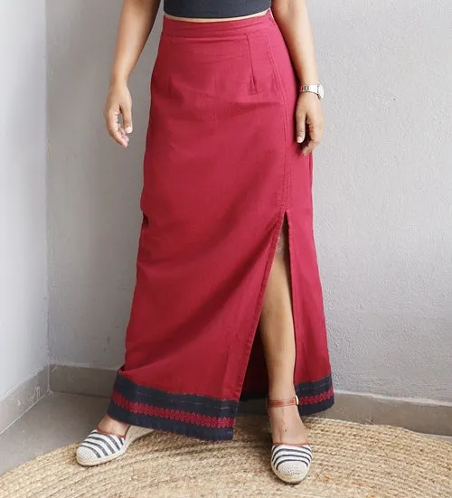 Maroon Handloom Cotton Maxi Skirt With Black Border