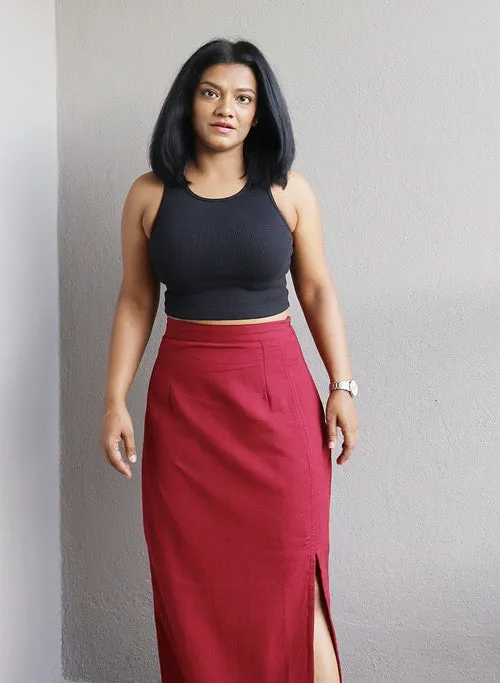 Maroon Handloom Cotton Maxi Skirt With Black Border