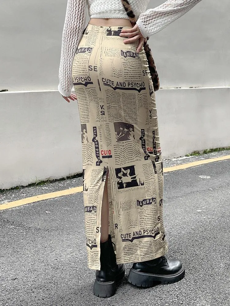 Newspaper Printed Maxi Skirt