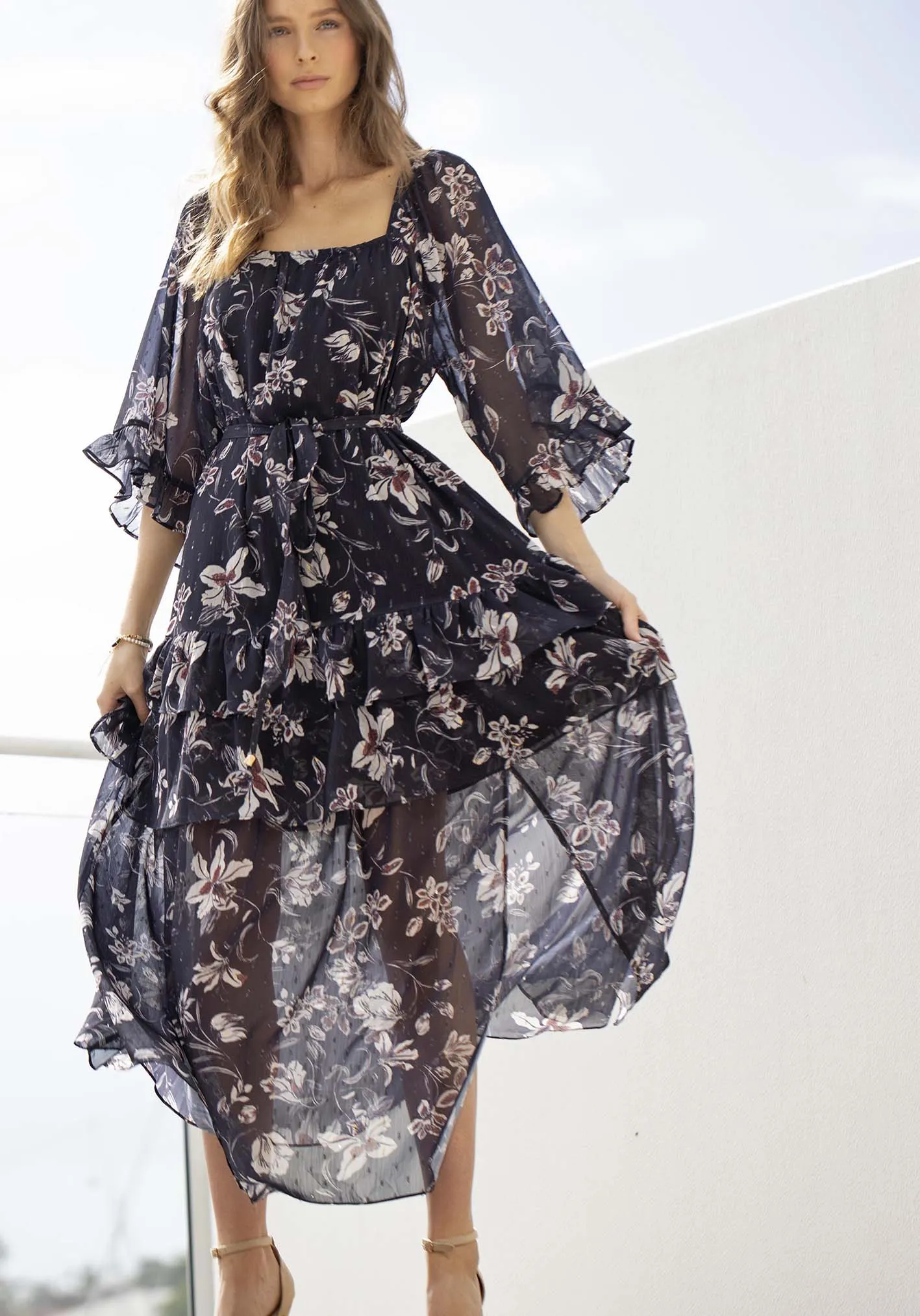 Night Games Floral Maxi Dress with Sleeves