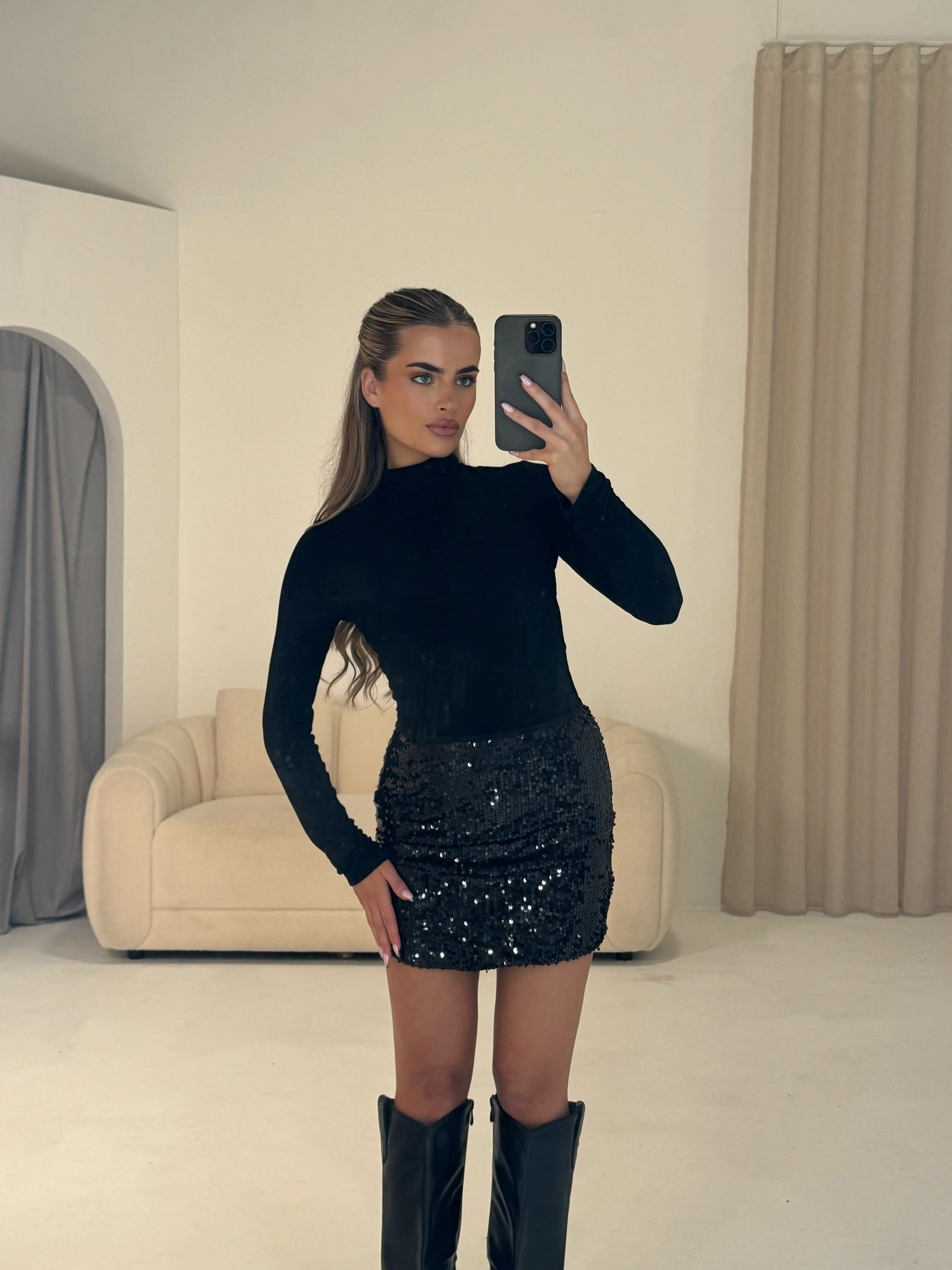 NOVA Sequin Mini Skirt In Black