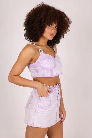 Outta Limits Denim Mini Skirt In Lilac Acid Wash