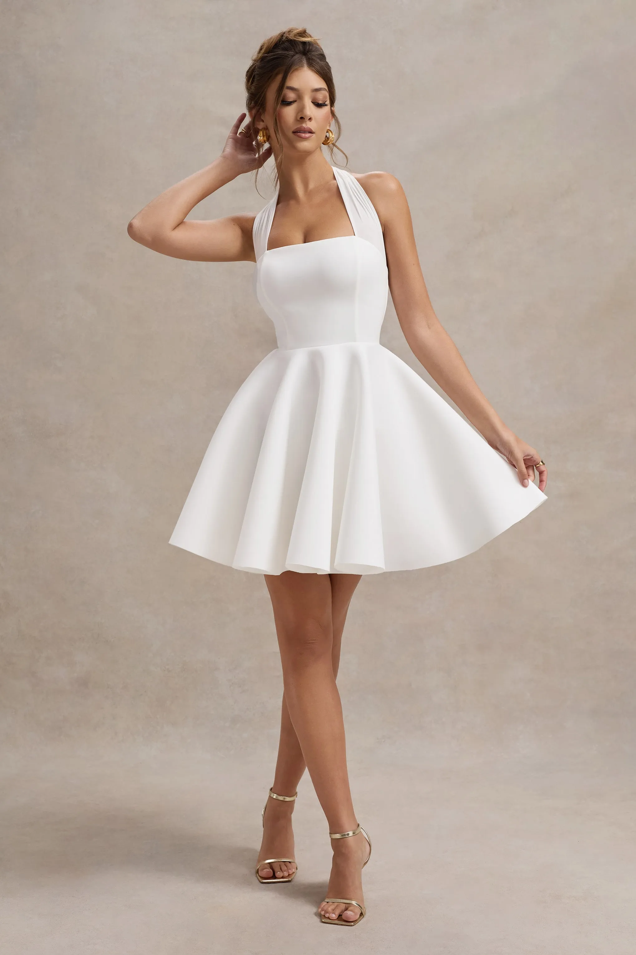 Peggy | White Halter-Neck Skater Mini Dress