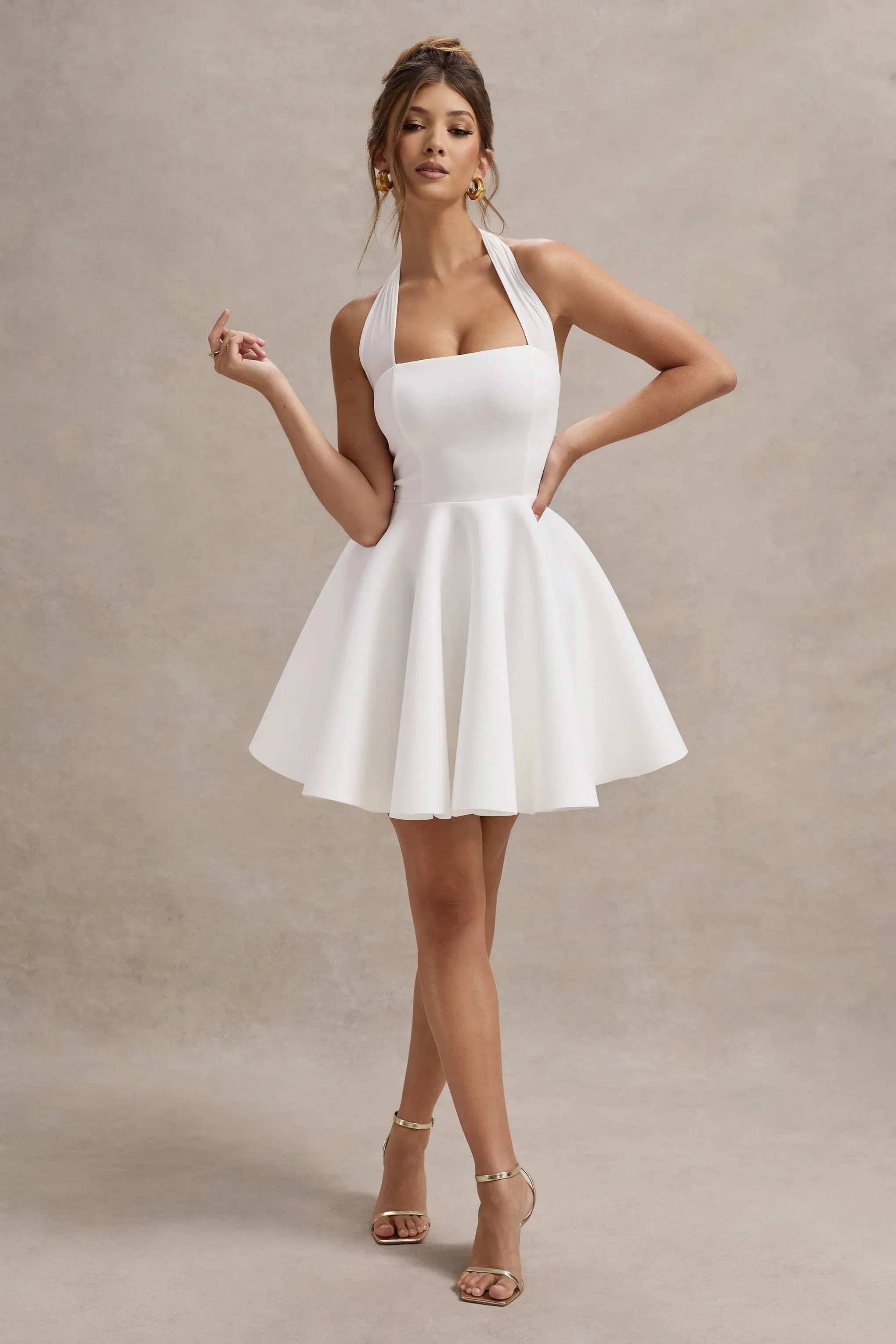 Peggy | White Halter-Neck Skater Mini Dress