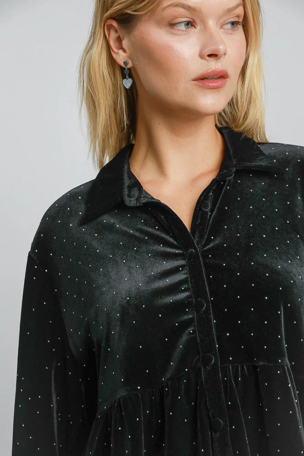 Polka Dot Button Up Half Sleeve Velvet Shirt Black