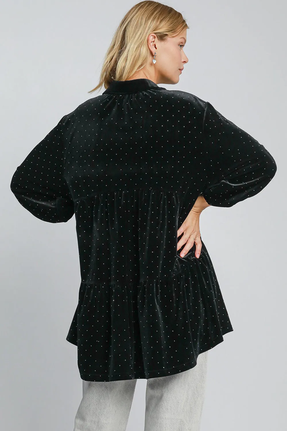 Polka Dot Button Up Half Sleeve Velvet Shirt Black