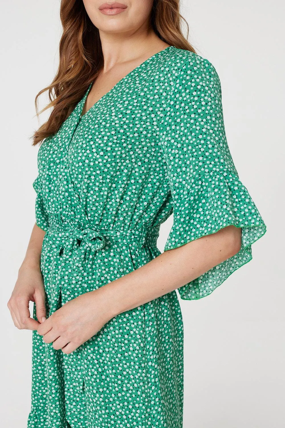 Printed Frilled Wrap Front Dress