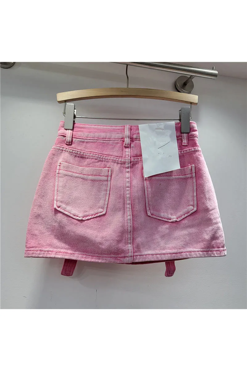 QK0690 Distressed Denim Mini Skirt