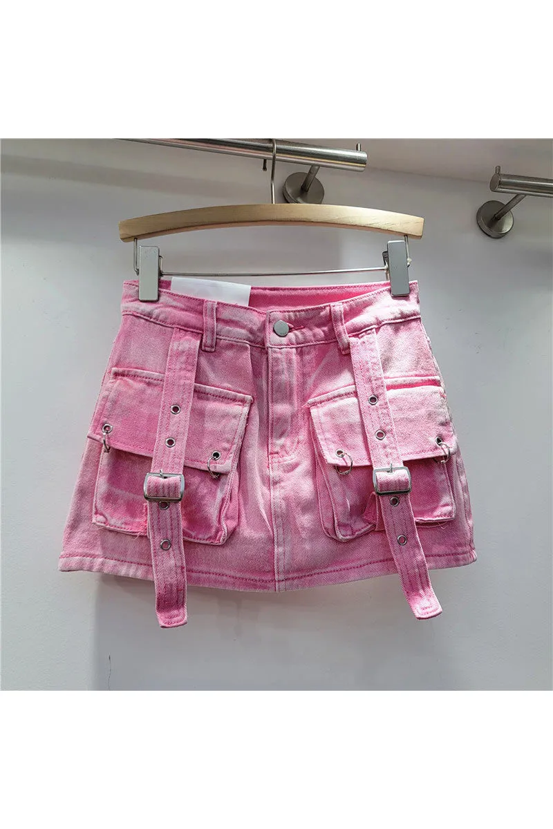 QK0690 Distressed Denim Mini Skirt