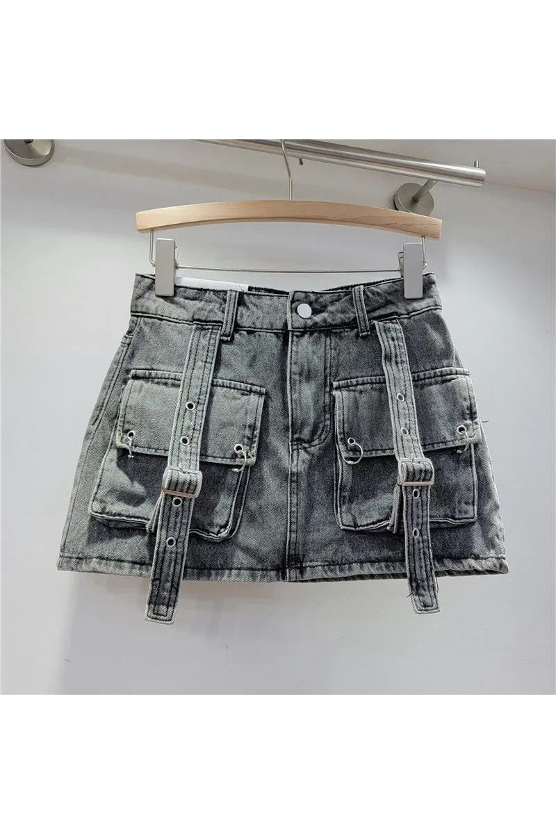 QK0690 Distressed Denim Mini Skirt