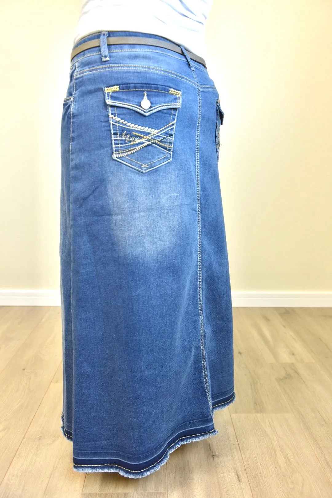 "Mia" Long Denim A-Line Skirt With Embroidered Pockets - CLEARANCE