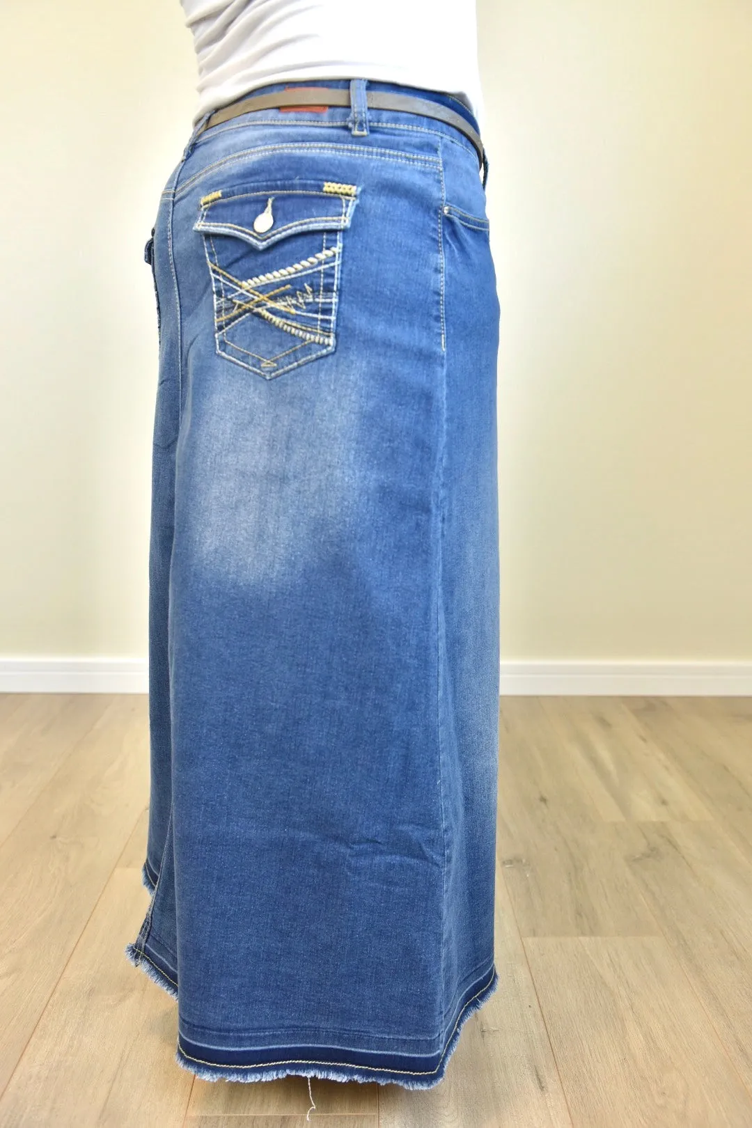 "Mia" Long Denim A-Line Skirt With Embroidered Pockets - CLEARANCE