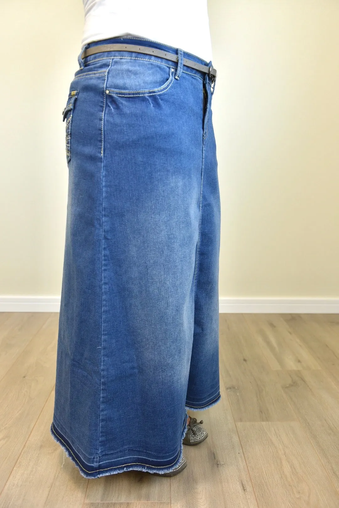 "Mia" Long Denim A-Line Skirt With Embroidered Pockets - CLEARANCE