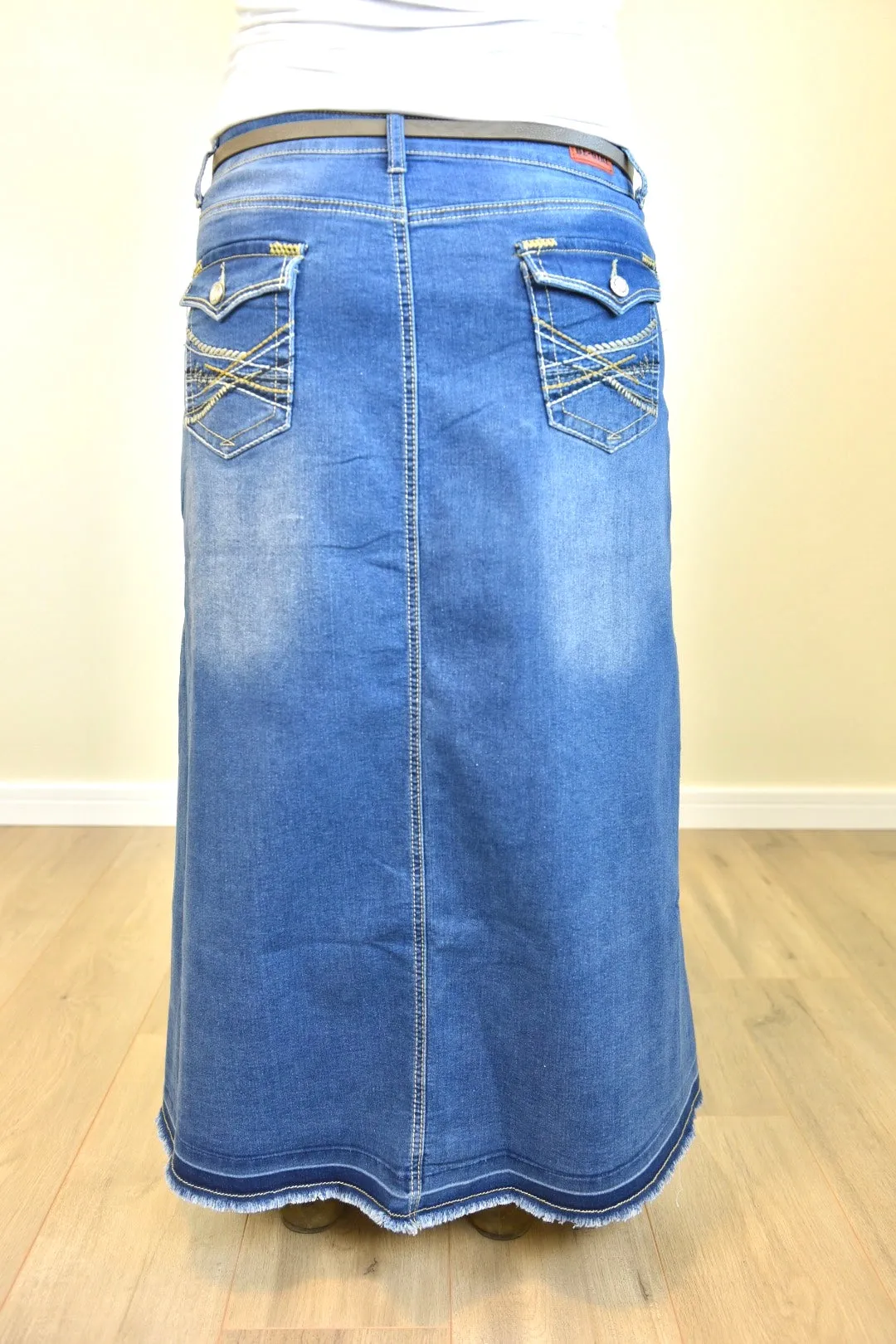 "Mia" Long Denim A-Line Skirt With Embroidered Pockets - CLEARANCE