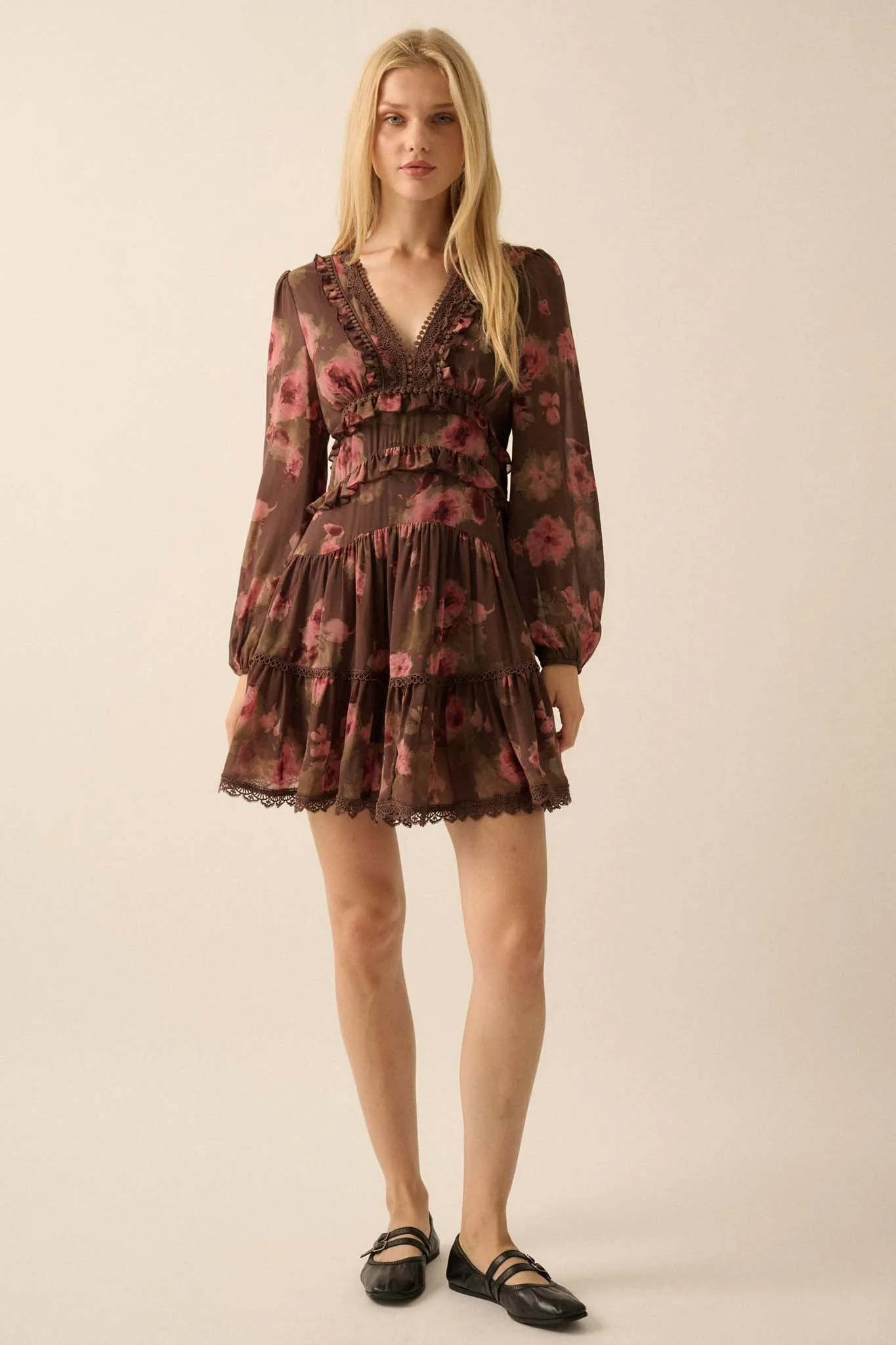 Rambling Rose Floral Ruffled Lace-Trim Mini Dress