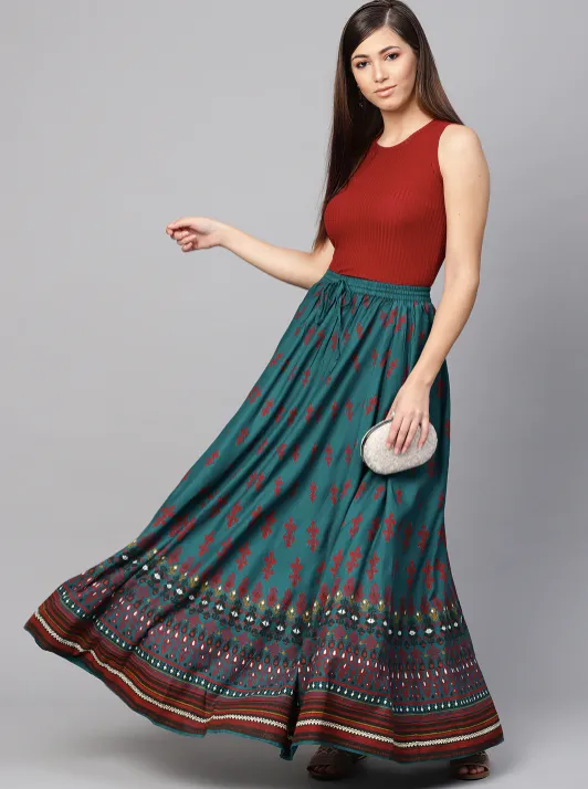 Rayon Printed Flared Maxi Skirt