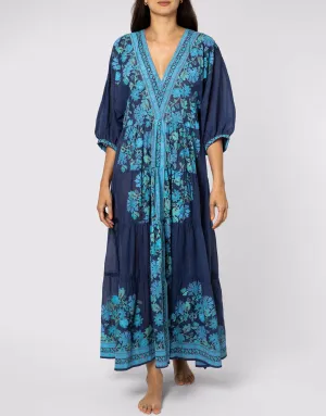 Rose Border Print V-Neck Maxi Dress - Indigo