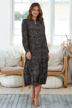 Rose Long Sleeve Black Button Maxi Dress