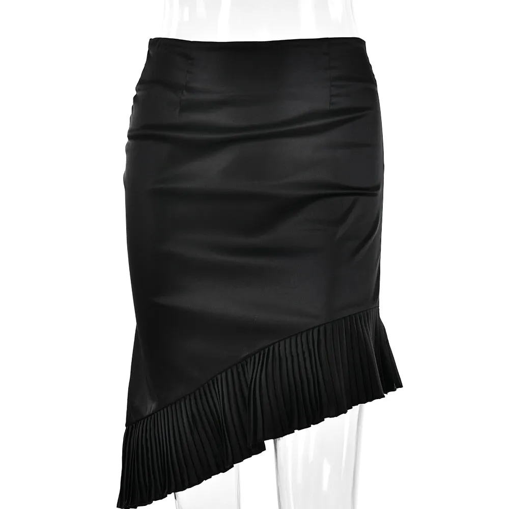 Satin Irregular Pleated Charming Trim Midi Skirt